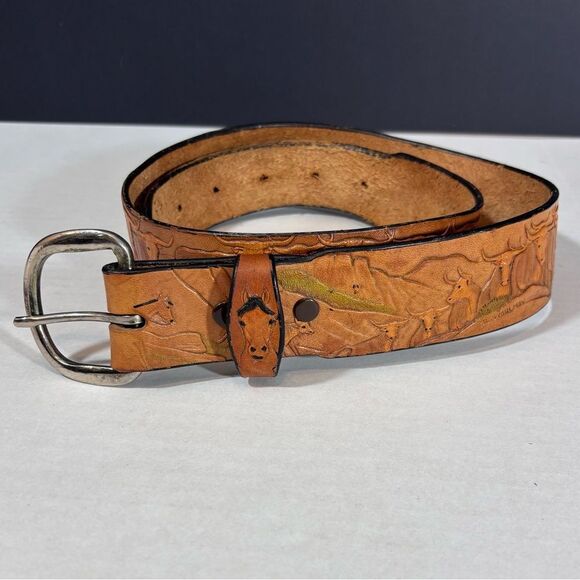Belt Factory Tooled Leather Horse, Cow Western Belt Signed 